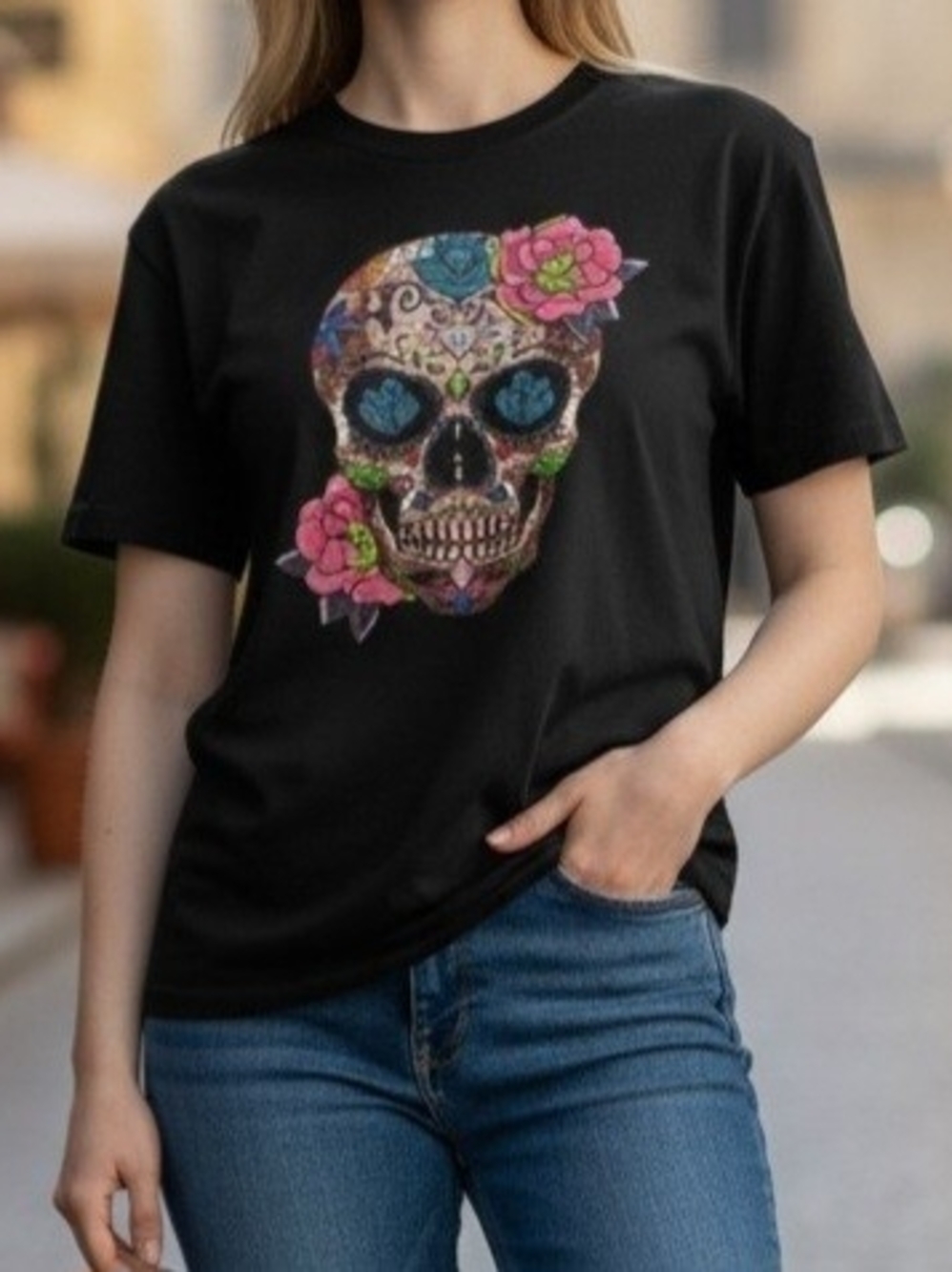 Women Black Tee with Colorful Sugar Skull Graphic